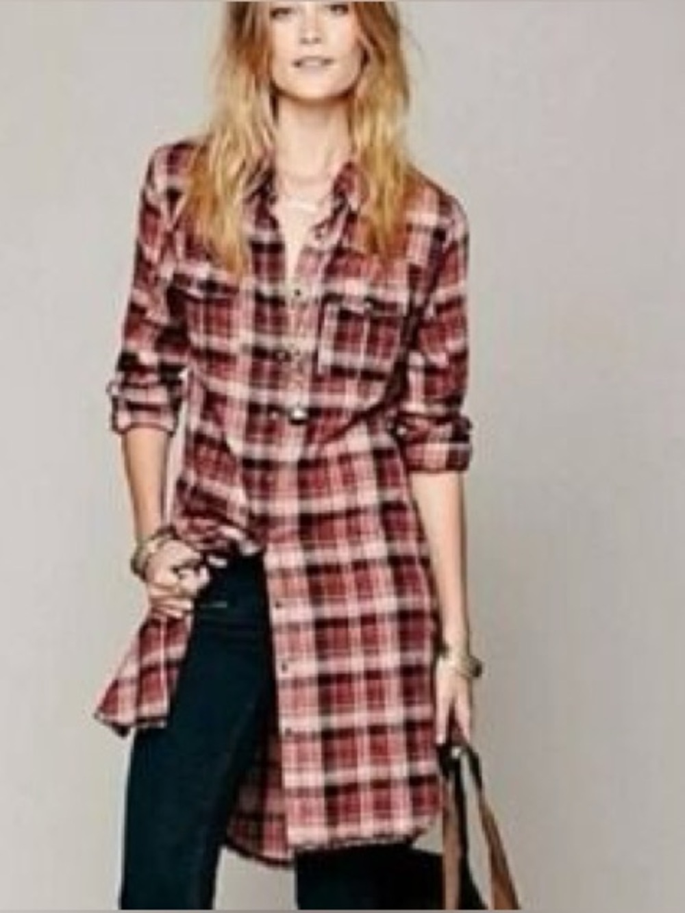 Free People 8 Days A Week Plaid Flannel Shirt Dress Red Black XS EUC